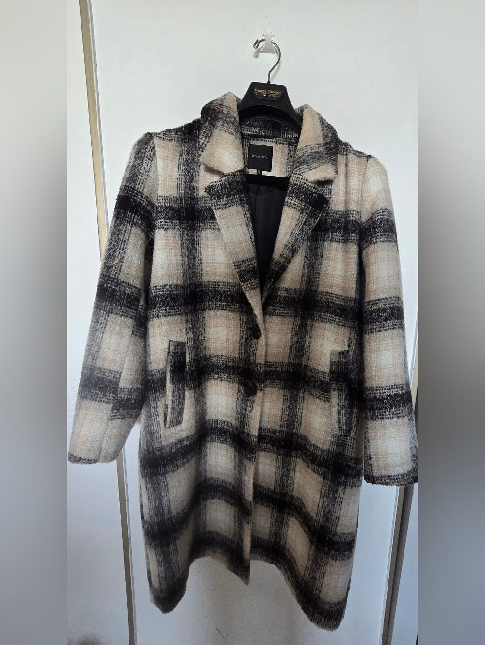 Dynamite Black and Cream Plaid Wool-Blend Pea Coat Large